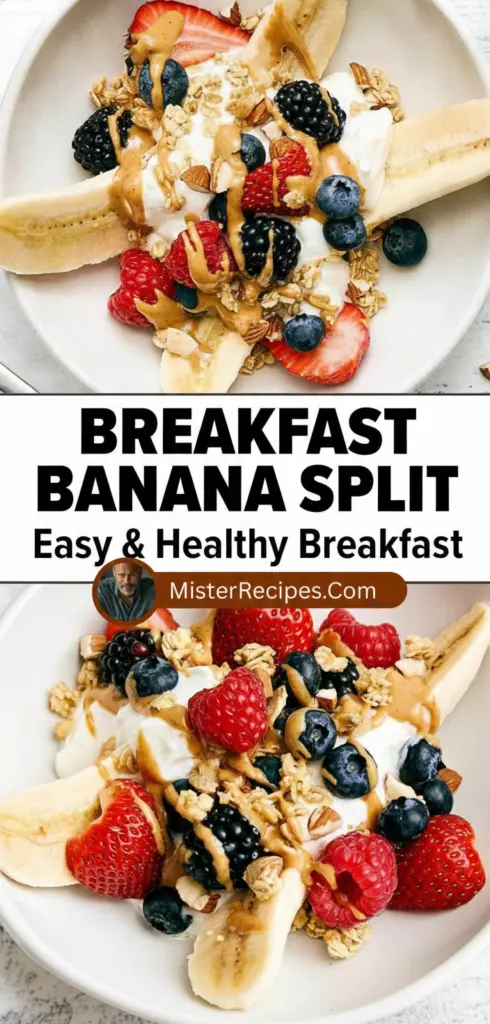 recipe image of a top down mise en place shot showing bananas milk yogurt berries granola honey peanut butter oats almond butter chocolate sauce coconut flakes chia seeds flax seeds protein powder arranged on a white marble kitchen counter with healthy clear glass bowls and rustic brown wooden kitchen sets under soft diffuse daylight