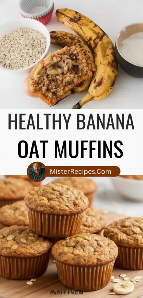 recipe image of banana oats flour eggs milk baking powder cinnamon vanilla extract brown sugar butter maple syrup chia seeds nuts dried fruit arranged on a white marble kitchen counter in healthy clear glass bowls and rustic brown wooden kitchen sets under soft diffuse daylight