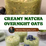 recipe image of oats matcha powder milk dairy or plant based chia seeds honey or maple syrup banana berries nuts nut butter vanilla extract cinnamon coconut flakes arranged on a white marble kitchen counter healthy clear glass bowls rustic brown wooden kitchen sets soft diffuse daylight top down mise en place shot