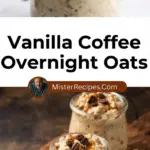 recipe image of oats cold brew coffee vanilla extract milk chia seeds maple syrup cinnamon banana berries nut butter honey stevia almond milk oat milk soy milk coconut milk arranged on a white marble kitchen counter healthy clear glass bowls rustic brown wooden kitchen sets soft diffuse daylight top down mise en place shot realistic