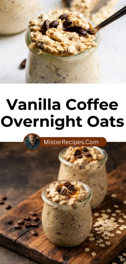 recipe image of oats cold brew coffee vanilla extract milk chia seeds maple syrup cinnamon banana berries nut butter honey stevia almond milk oat milk soy milk coconut milk arranged on a white marble kitchen counter healthy clear glass bowls rustic brown wooden kitchen sets soft diffuse daylight top down mise en place shot realistic