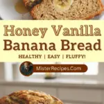 recipe image of bananas honey vanilla extract flour eggs butter baking soda salt cinnamon nuts chocolate chips oats coconut flakes maple syrup yogurt applesauce almond milk arranged on a white marble kitchen counter with healthy clear glass bowls and rustic brown wooden kitchen sets under soft diffuse daylight