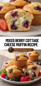recipe image of cottage cheese mixed berries blueberries raspberries blackberries flour eggs butter sugar baking powder vanilla extract milk cinnamon salt arranged on a white marble kitchen counter with healthy clear glass bowls and rustic brown wooden kitchen sets under soft diffuse daylight