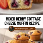 recipe image of cottage cheese mixed berries blueberries raspberries blackberries flour eggs butter sugar baking powder vanilla extract milk cinnamon salt arranged on a white marble kitchen counter with healthy clear glass bowls and rustic brown wooden kitchen sets under soft diffuse daylight