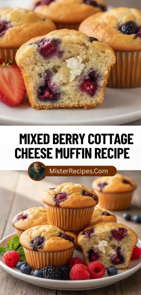 recipe image of cottage cheese mixed berries blueberries raspberries blackberries flour eggs butter sugar baking powder vanilla extract milk cinnamon salt arranged on a white marble kitchen counter with healthy clear glass bowls and rustic brown wooden kitchen sets under soft diffuse daylight