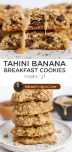recipe image of bananas tahini oats flour baking soda cinnamon vanilla extract maple syrup chia seeds flax seeds nuts dried fruit coconut oil honey agave nectar almond butter peanut butter arranged on a white marble kitchen counter with healthy clear glass bowls and rustic brown wooden kitchen sets under soft diffuse daylight