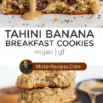 recipe image of bananas tahini oats flour baking soda cinnamon vanilla extract maple syrup chia seeds flax seeds nuts dried fruit coconut oil honey agave nectar almond butter peanut butter arranged on a white marble kitchen counter with healthy clear glass bowls and rustic brown wooden kitchen sets under soft diffuse daylight