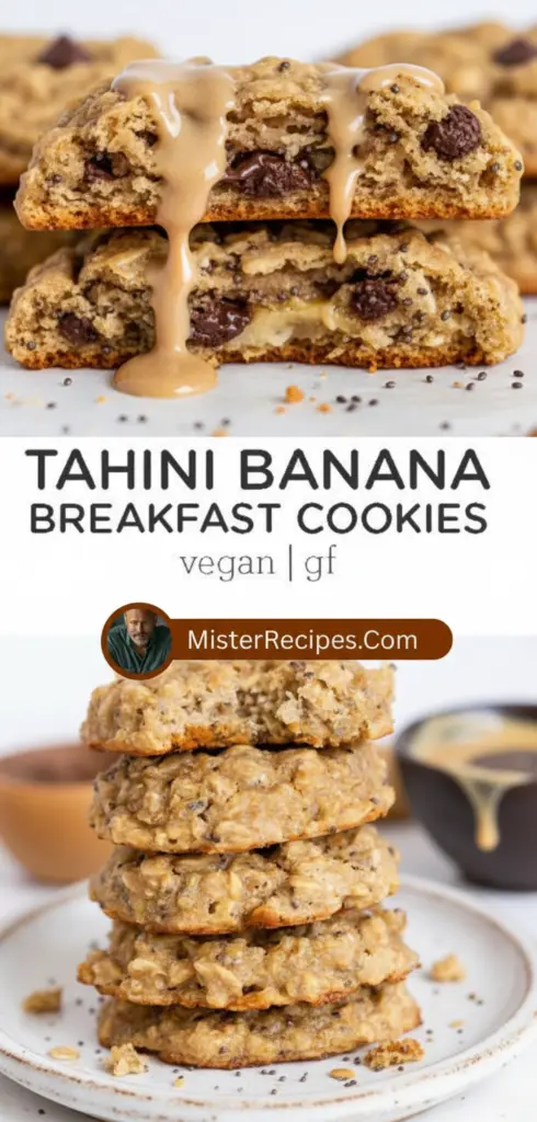 recipe image of bananas tahini oats flour baking soda cinnamon vanilla extract maple syrup chia seeds flax seeds nuts dried fruit coconut oil honey agave nectar almond butter peanut butter arranged on a white marble kitchen counter with healthy clear glass bowls and rustic brown wooden kitchen sets under soft diffuse daylight