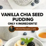 recipe image of chia seeds vanilla extract plant milk sweetener salt maple syrup stevia dates cinnamon berries nuts coconut flakes honey agave nectar almond milk oat milk soy milk coconut milk arranged on a white marble kitchen counter with healthy clear glass bowls and rustic brown wooden kitchen sets under soft diffuse daylight