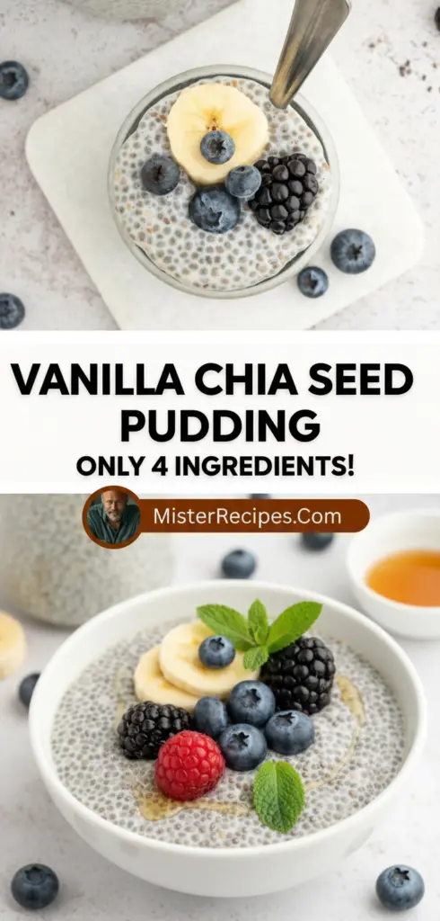 recipe image of chia seeds vanilla extract plant milk sweetener salt maple syrup stevia dates cinnamon berries nuts coconut flakes honey agave nectar almond milk oat milk soy milk coconut milk arranged on a white marble kitchen counter with healthy clear glass bowls and rustic brown wooden kitchen sets under soft diffuse daylight