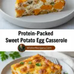 recipe image of sweet potatoes eggs cheese bacon spinach bell peppers onions garlic breadcrumbs milk cream cheese cheddar turkey sausage mushrooms tomatoes arranged on a white marble kitchen counter with healthy clear glass bowls and rustic brown wooden kitchen sets under soft diffuse daylight