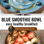 recipe image of blue spirulina powder frozen blueberries banana spinach almond milk coconut milk chia seeds hemp seeds goji berries kale mango pineapple avocado honey maple syrup arranged on a white marble kitchen counter with healthy clear glass bowls and rustic brown wooden kitchen sets under soft diffuse daylight