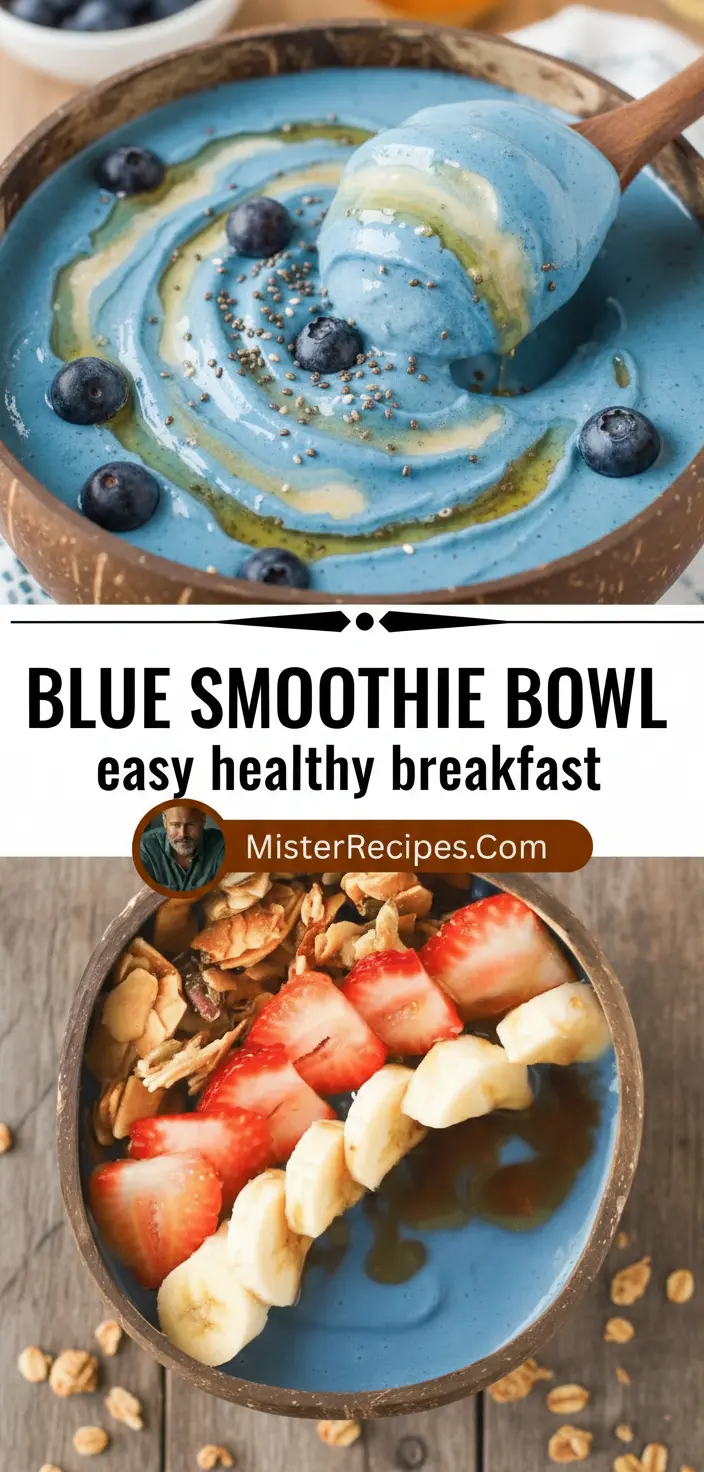 recipe image of blue spirulina powder frozen blueberries banana spinach almond milk coconut milk chia seeds hemp seeds goji berries kale mango pineapple avocado honey maple syrup arranged on a white marble kitchen counter with healthy clear glass bowls and rustic brown wooden kitchen sets under soft diffuse daylight