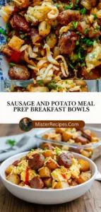 recipe image of sausage potatoes eggs cheese spinach bell peppers onions garlic bacon mushrooms tomatoes avocado greek yogurt sour cream salsa hot sauce herbs spices oats quinoa black beans corn sweet potatoes zucchini broccoli mushrooms arranged on a white marble kitchen counter with healthy clear glass bowls and rustic brown wooden kitchen sets under soft diffuse daylight