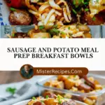 recipe image of sausage potatoes eggs cheese spinach bell peppers onions garlic bacon mushrooms tomatoes avocado greek yogurt sour cream salsa hot sauce herbs spices oats quinoa black beans corn sweet potatoes zucchini broccoli mushrooms arranged on a white marble kitchen counter with healthy clear glass bowls and rustic brown wooden kitchen sets under soft diffuse daylight