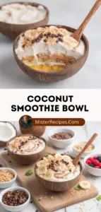 recipe image of a top down mise en place shot showing the fresh ingredients coconut milk banana berries spinach chia seeds flax seeds almond butter honey maple syrup oats Greek yogurt protein powder mango pineapple kale avocado arranged on a white marble kitchen counter with healthy clear glass bowls and rustic brown wooden kitchen sets under soft diffuse daylight