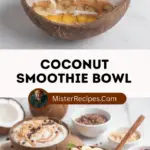 recipe image of a top down mise en place shot showing the fresh ingredients coconut milk banana berries spinach chia seeds flax seeds almond butter honey maple syrup oats Greek yogurt protein powder mango pineapple kale avocado arranged on a white marble kitchen counter with healthy clear glass bowls and rustic brown wooden kitchen sets under soft diffuse daylight