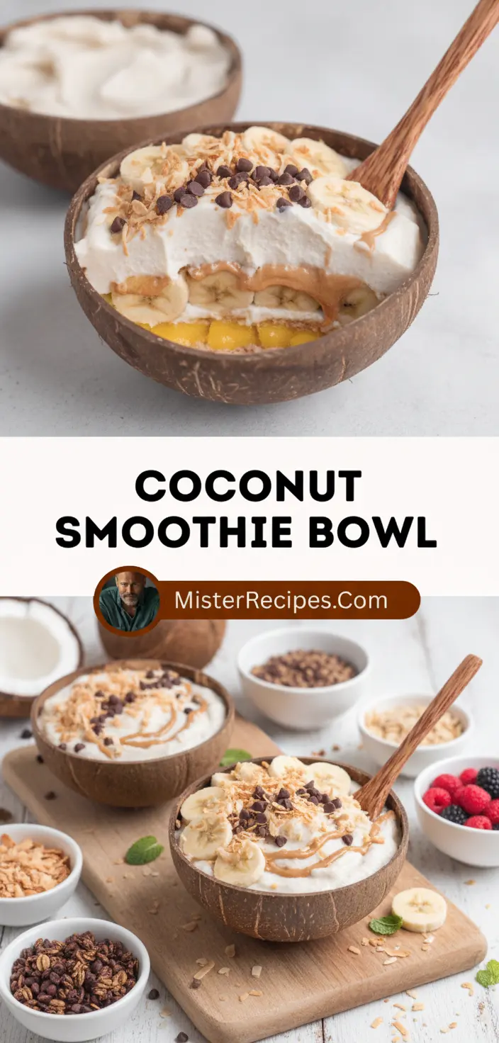 recipe image of a top down mise en place shot showing the fresh ingredients coconut milk banana berries spinach chia seeds flax seeds almond butter honey maple syrup oats Greek yogurt protein powder mango pineapple kale avocado arranged on a white marble kitchen counter with healthy clear glass bowls and rustic brown wooden kitchen sets under soft diffuse daylight