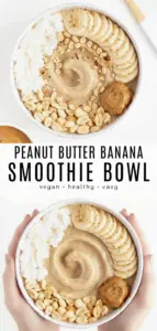 recipe image of realistic top down mise en place shot showing the fresh ingredients banana peanut butter milk yogurt honey oats berries spinach chia seeds flax seeds almond butter coconut milk maple syrup protein powder granola sliced fruit arranged on a white marble kitchen counter with healthy clear glass bowls and rustic brown wooden kitchen sets under soft diffuse daylight