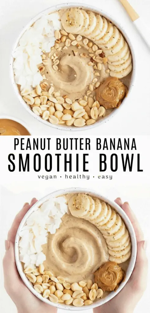 recipe image of realistic top down mise en place shot showing the fresh ingredients banana peanut butter milk yogurt honey oats berries spinach chia seeds flax seeds almond butter coconut milk maple syrup protein powder granola sliced fruit arranged on a white marble kitchen counter with healthy clear glass bowls and rustic brown wooden kitchen sets under soft diffuse daylight