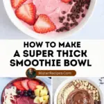 recipe image of frozen bananas mango berries spinach kale Greek yogurt coconut milk almond butter chia seeds protein powder honey maple syrup oats peanut butter avocado acai matcha powder cocoa powder arranged on a white marble kitchen counter with clear glass bowls and rustic wooden kitchen sets under soft diffuse daylight