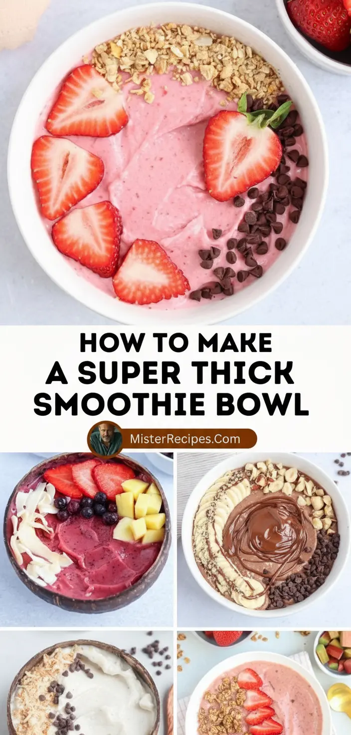 recipe image of frozen bananas mango berries spinach kale Greek yogurt coconut milk almond butter chia seeds protein powder honey maple syrup oats peanut butter avocado acai matcha powder cocoa powder arranged on a white marble kitchen counter with clear glass bowls and rustic wooden kitchen sets under soft diffuse daylight