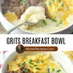 recipe image of stone ground grits cheese eggs bacon sausage vegetables butter milk cream cheddar cheese scallions peppers mushrooms tomatoes spinach arranged on a white marble kitchen counter with healthy clear glass bowls and rustic brown wooden kitchen sets under soft diffuse daylight