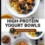 recipe image of top down mise en place food photography of fresh recipe ingredients including greek yogurt protein powder berries granola nuts seeds honey chia seeds flax seeds almond butter oats coconut flakes banana blueberries strawberries arranged neatly on a white marble kitchen counter with healthy clear glass bowls and rustic brown wooden kitchen sets bathed in soft diffuse daylight