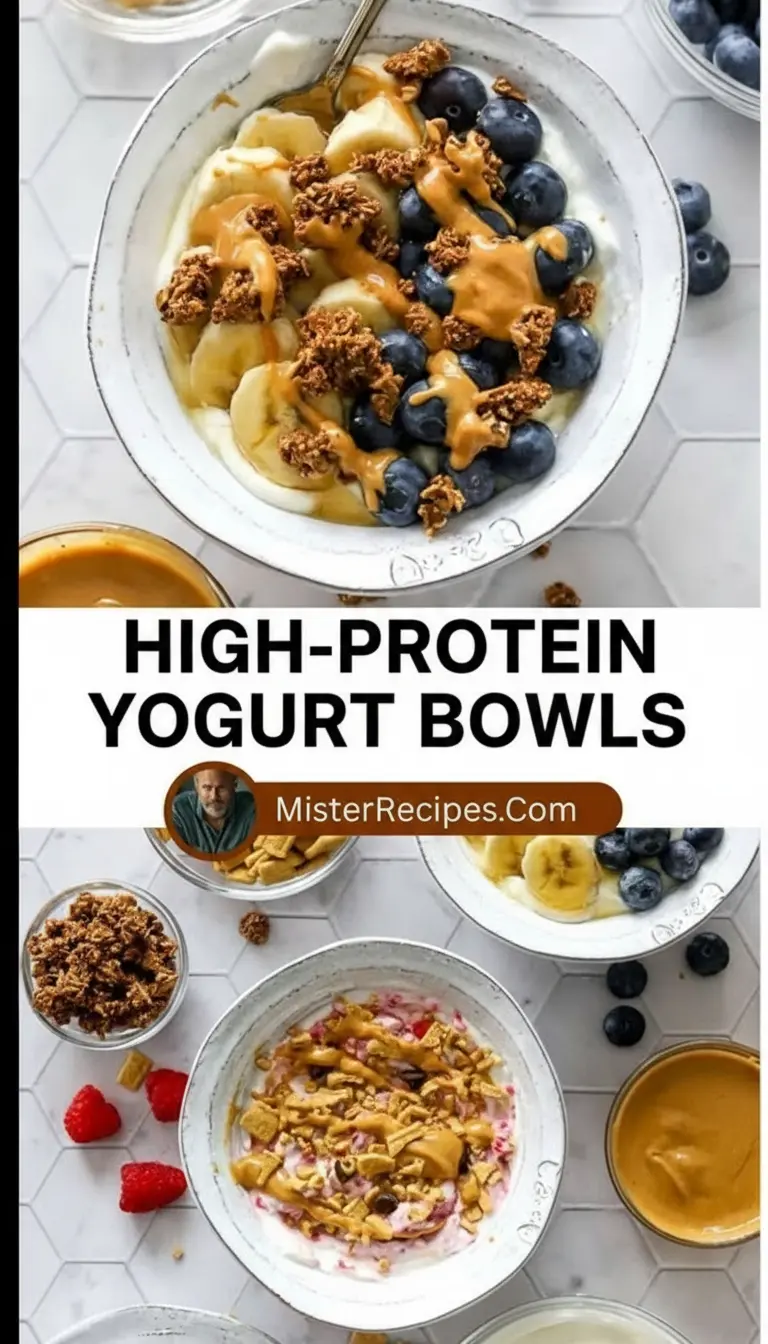 recipe image of top down mise en place food photography of fresh recipe ingredients including greek yogurt protein powder berries granola nuts seeds honey chia seeds flax seeds almond butter oats coconut flakes banana blueberries strawberries arranged neatly on a white marble kitchen counter with healthy clear glass bowls and rustic brown wooden kitchen sets bathed in soft diffuse daylight