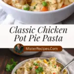 recipe image of chicken breast frozen peas and carrots cream of chicken soup elbow macaroni cheddar cheese butter flour milk onion garlic thyme salt pepper breadcrumbs arranged on a white marble kitchen counter with healthy clear glass bowls and rustic brown wooden kitchen sets under soft diffuse daylight