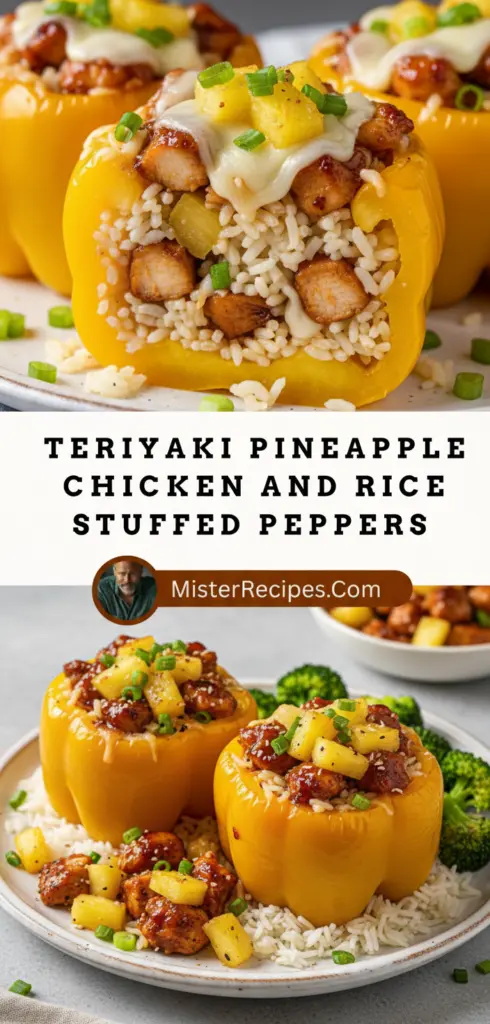 recipe image of bell peppers chicken breast pineapple chunks rice teriyaki sauce garlic onion ginger soy sauce coconut milk cilantro cheese broccoli carrots