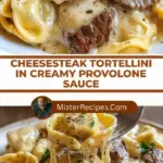 recipe image of tortellini pasta provolone cheese beef cream garlic onion italian seasoning parmesan cheese butter flour milk worcestershire sauce salt pepper olive oil mushrooms bell peppers spinach arranged on a white marble kitchen counter with healthy clear glass bowls and rustic brown wooden kitchen sets under soft diffuse daylight