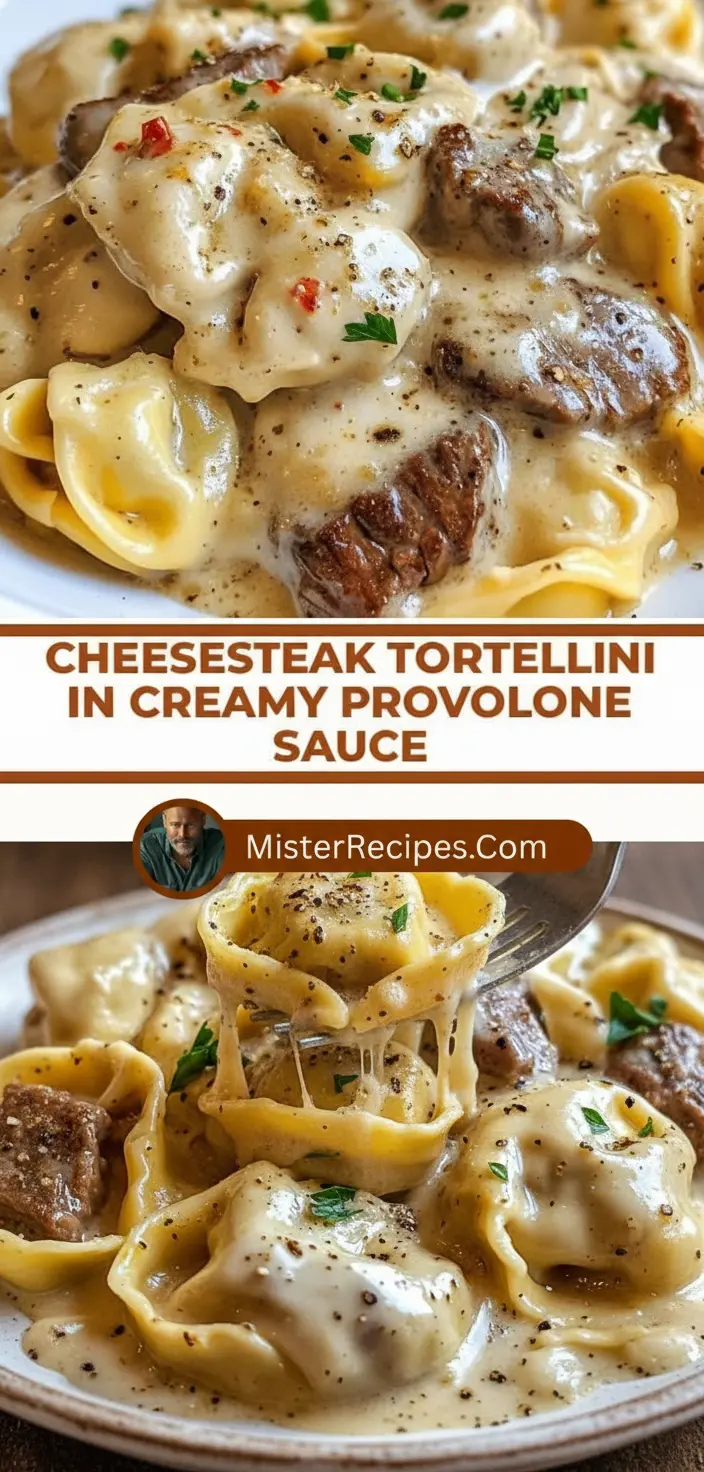 recipe image of tortellini pasta provolone cheese beef cream garlic onion italian seasoning parmesan cheese butter flour milk worcestershire sauce salt pepper olive oil mushrooms bell peppers spinach arranged on a white marble kitchen counter with healthy clear glass bowls and rustic brown wooden kitchen sets under soft diffuse daylight