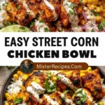recipe image of grilled corn chicken breast rice lime juice cilantro chili powder cumin paprika garlic onion bell peppers black beans cheese avocado jalapeno arranged on a white marble kitchen counter with healthy clear glass bowls and rustic brown wooden kitchen sets under soft diffuse daylight