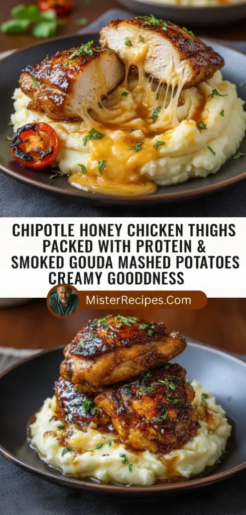 recipe image of a top down mise en place shot showing fresh chicken thighs smoked gouda cheese mashed potatoes honey chipotle seasoning butter milk garlic salt pepper paprika cumin oregano arranged on a white marble kitchen counter with healthy clear glass bowls and rustic brown wooden kitchen sets under soft diffuse daylight