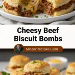 recipe image of realistic top down mise en place shot of ground beef cheese biscuit dough bacon eggs butter salt pepper garlic powder onion powder cheddar cheese american cheese ketchup mustard mayo arranged on a white marble kitchen counter with healthy clear glass bowls and rustic brown wooden kitchen sets under soft diffuse daylight