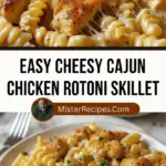 recipe image of chicken breast rotini pasta cream cheese cajun seasoning garlic heavy cream cheddar cheese butter onion bell peppers chicken broth paprika cayenne pepper arranged on a white marble kitchen counter with clear glass bowls and rustic brown wooden kitchen sets under soft diffuse daylight