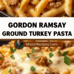 recipe image of ground turkey pasta heavy cream parmesan cheese garlic onion spinach tomatoes olive oil butter salt pepper parsley basil oregano arranged on a white marble kitchen counter healthy clear glass bowls rustic brown wooden kitchen sets soft diffuse daylight