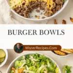 recipe image of a realistic top down mise en place shot showing ground beef chicken breast turkey meat rice quinoa black beans corn avocado cheese lettuce tomato onion garlic breadcrumbs hot sauce ranch dressing bbq sauce sriracha arranged on a white marble kitchen counter with healthy clear glass bowls and rustic brown wooden kitchen sets under soft diffuse daylight