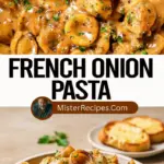 recipe image of pasta onions butter flour beef broth chicken broth cheese cream garlic thyme salt pepper parmesan gouda mozzarella mushrooms bacon on a white marble counter in clear glass bowls with rustic wooden kitchen sets under soft diffuse daylight realistic top down mise en place shot