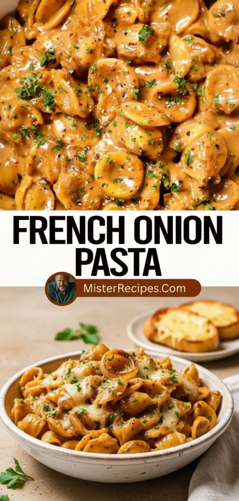 recipe image of pasta onions butter flour beef broth chicken broth cheese cream garlic thyme salt pepper parmesan gouda mozzarella mushrooms bacon on a white marble counter in clear glass bowls with rustic wooden kitchen sets under soft diffuse daylight realistic top down mise en place shot