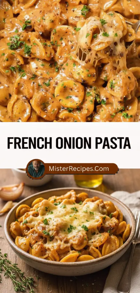 recipe image of Onions pasta butter flour milk cheese garlic thyme salt pepper olive oil parmesan heavy cream beef broth chicken broth mushrooms arranged beautifully on a white marble kitchen counter in clear glass bowls and rustic brown wooden kitchen sets under soft diffuse daylight top down shot realistic