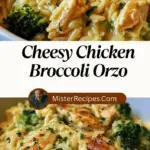 recipe image of chicken breast broccoli florets orzo pasta cheddar cheese heavy cream butter garlic onion milk parmesan cheese salt pepper thyme paprika arranged on a white marble kitchen counter with healthy clear glass bowls and rustic brown wooden kitchen sets under soft diffuse daylight