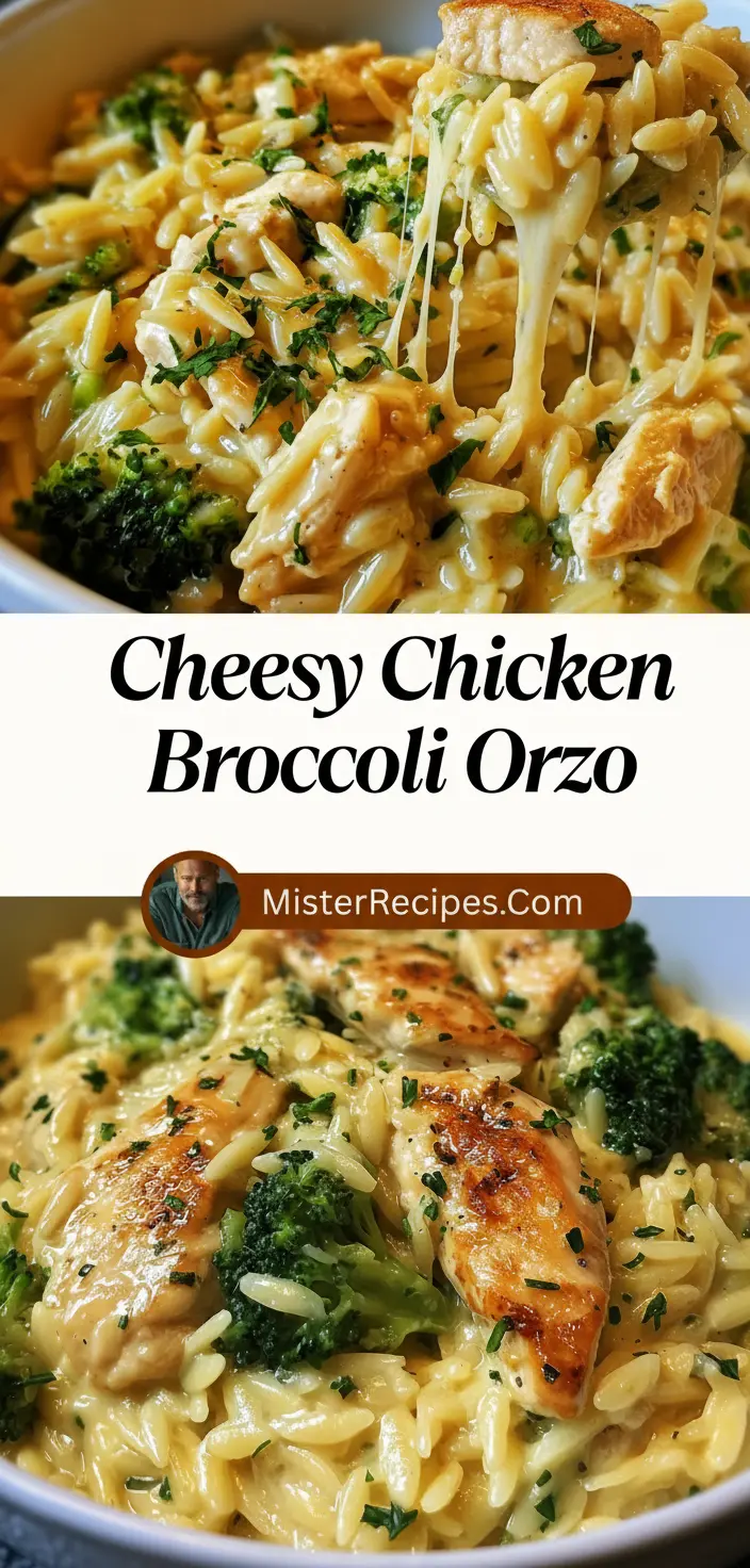 recipe image of chicken breast broccoli florets orzo pasta cheddar cheese heavy cream butter garlic onion milk parmesan cheese salt pepper thyme paprika arranged on a white marble kitchen counter with healthy clear glass bowls and rustic brown wooden kitchen sets under soft diffuse daylight