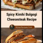 recipe image of a realistic top down mise en place shot showing the fresh ingredients marinated beef kimchi bulgogi sauce provolone cheese hoisin sauce garlic ginger green onions sesame oil gochujang mushrooms bell peppers brioche bun arranged on a white marble kitchen counter with healthy clear glass bowls and rustic brown wooden kitchen sets under soft diffuse daylight