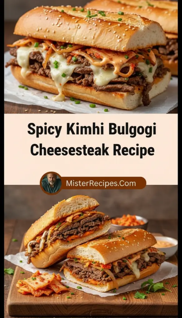 recipe image of a realistic top down mise en place shot showing the fresh ingredients marinated beef kimchi bulgogi sauce provolone cheese hoisin sauce garlic ginger green onions sesame oil gochujang mushrooms bell peppers brioche bun arranged on a white marble kitchen counter with healthy clear glass bowls and rustic brown wooden kitchen sets under soft diffuse daylight