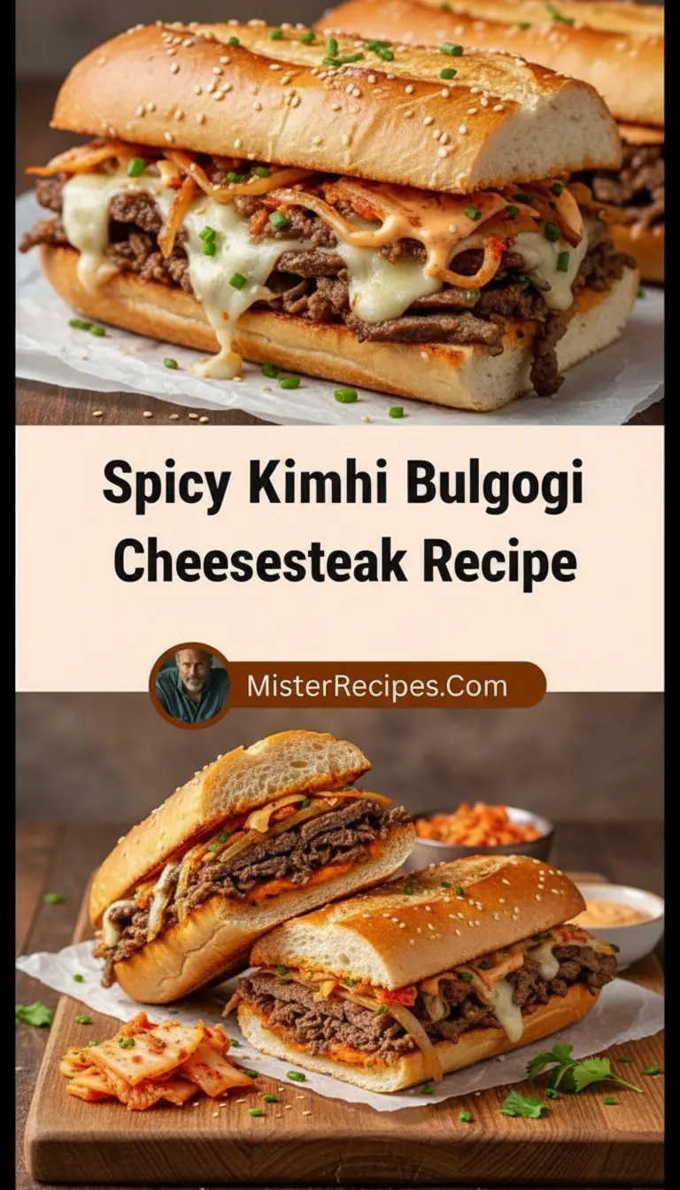 recipe image of a realistic top down mise en place shot showing the fresh ingredients marinated beef kimchi bulgogi sauce provolone cheese hoisin sauce garlic ginger green onions sesame oil gochujang mushrooms bell peppers brioche bun arranged on a white marble kitchen counter with healthy clear glass bowls and rustic brown wooden kitchen sets under soft diffuse daylight