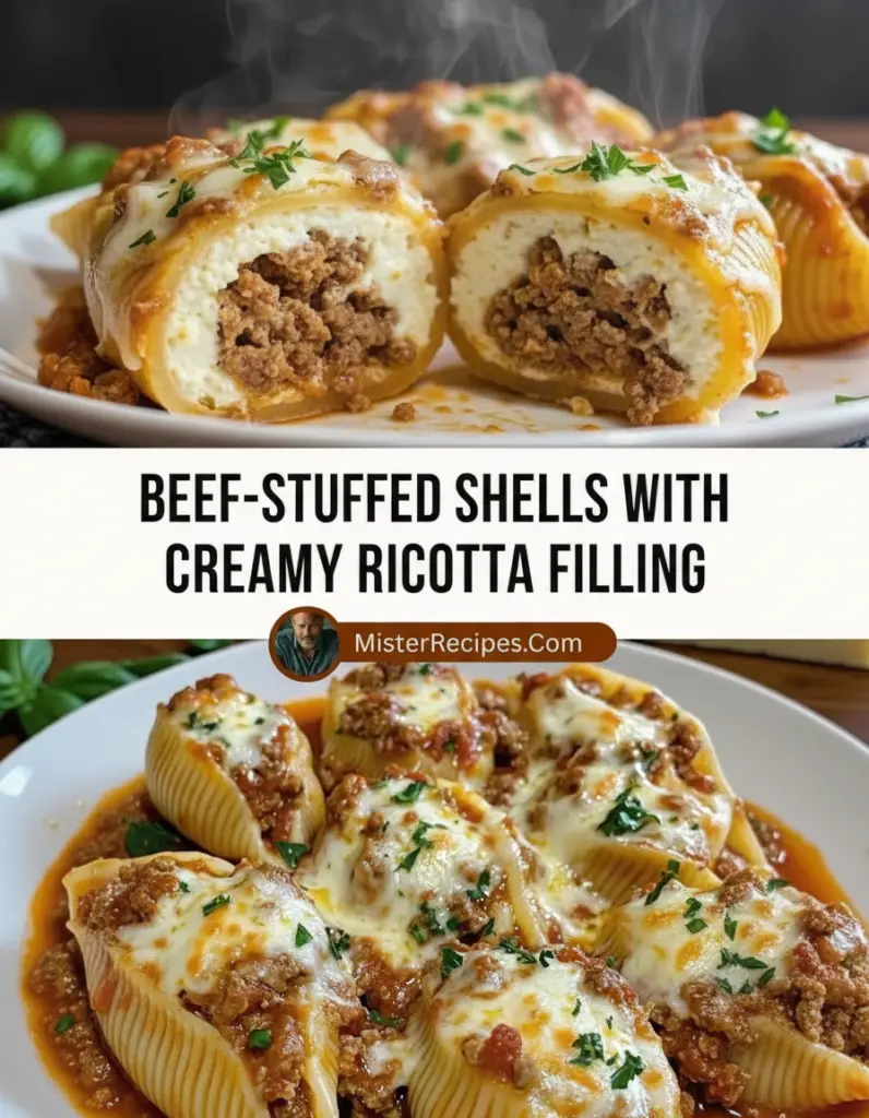 recipe image of a realistic top down mise en place shot showing ground beef ricotta cheese pasta shells marinara sauce mozzarella cheese parmesan cheese italian seasoning garlic onion spinach zucchini mushrooms breadcrumbs eggs parsley fresh ingredients arranged on a white marble kitchen counter with healthy clear glass bowls and rustic brown wooden kitchen sets under soft diffuse daylight