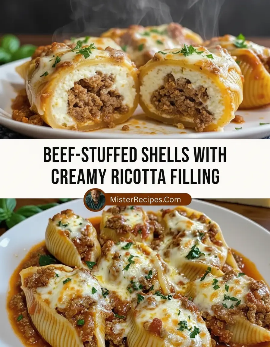 recipe image of a realistic top down mise en place shot showing ground beef ricotta cheese pasta shells marinara sauce mozzarella cheese parmesan cheese italian seasoning garlic onion spinach zucchini mushrooms breadcrumbs eggs parsley fresh ingredients arranged on a white marble kitchen counter with healthy clear glass bowls and rustic brown wooden kitchen sets under soft diffuse daylight