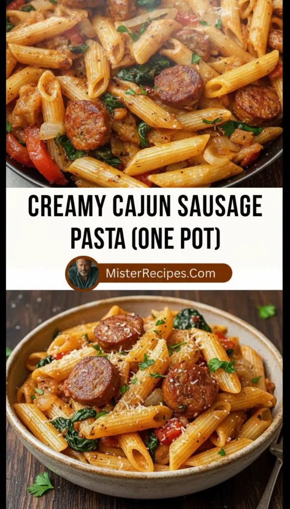 recipe image of sausage pasta heavy cream cajun seasoning garlic onion butter chicken broth bell peppers spinach cheese paprika cayenne pepper thyme oregano a top down mise en place shot showing the fresh ingredients arranged on a white marble kitchen counter with healthy clear glass bowls and rustic brown wooden kitchen sets under soft diffuse daylight